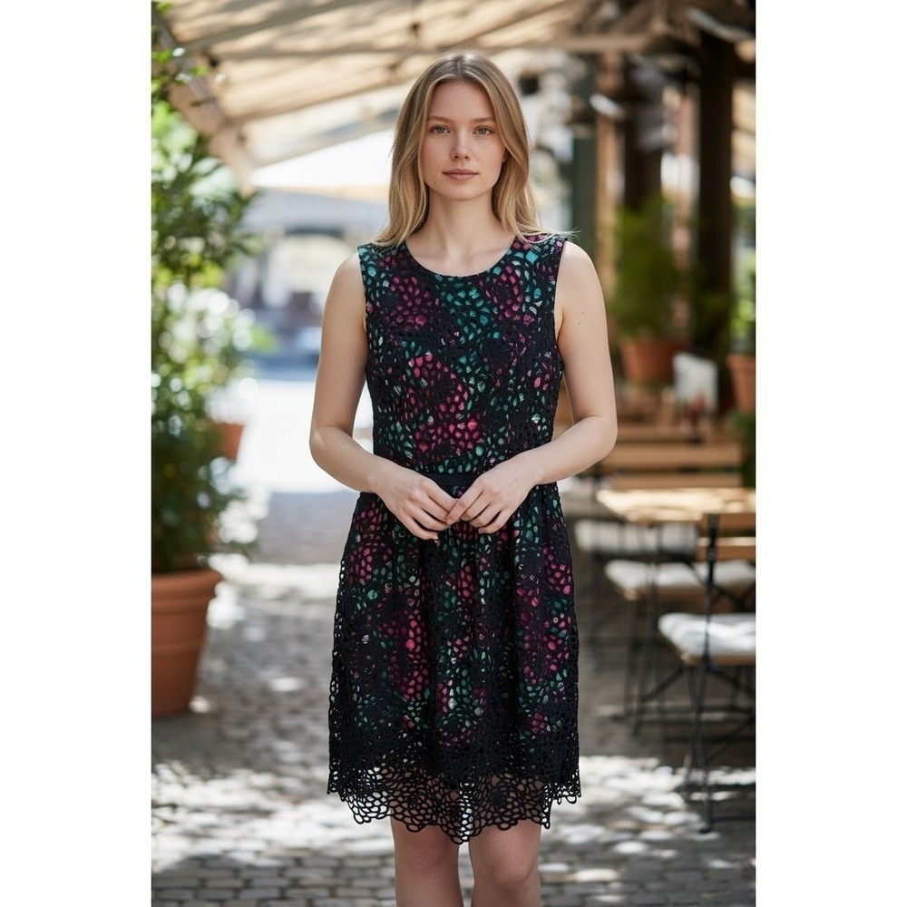 Anthropologie Wolven Black Crochet Lace Overlay Dress Pink Teal Abstract Print 6